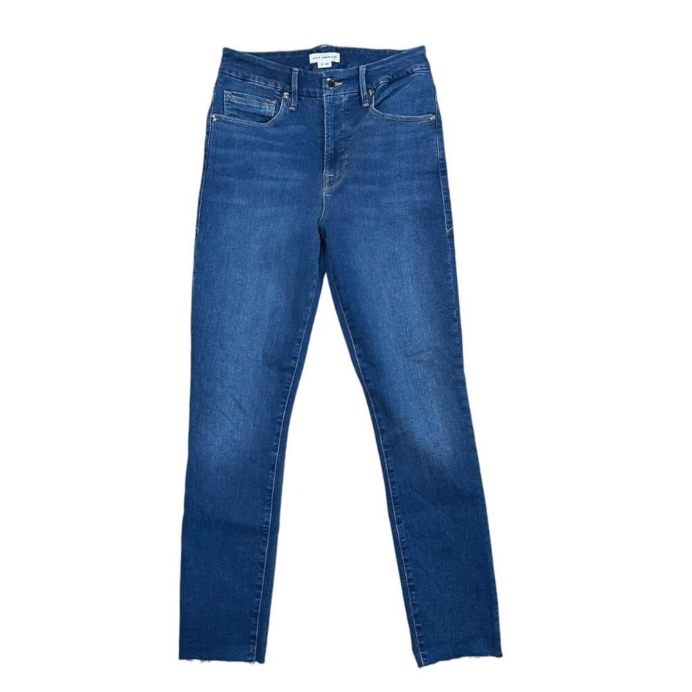 Good American Dark Wash Skinny Ankle Jeans SZ 2/26 High Waist Raw Hem